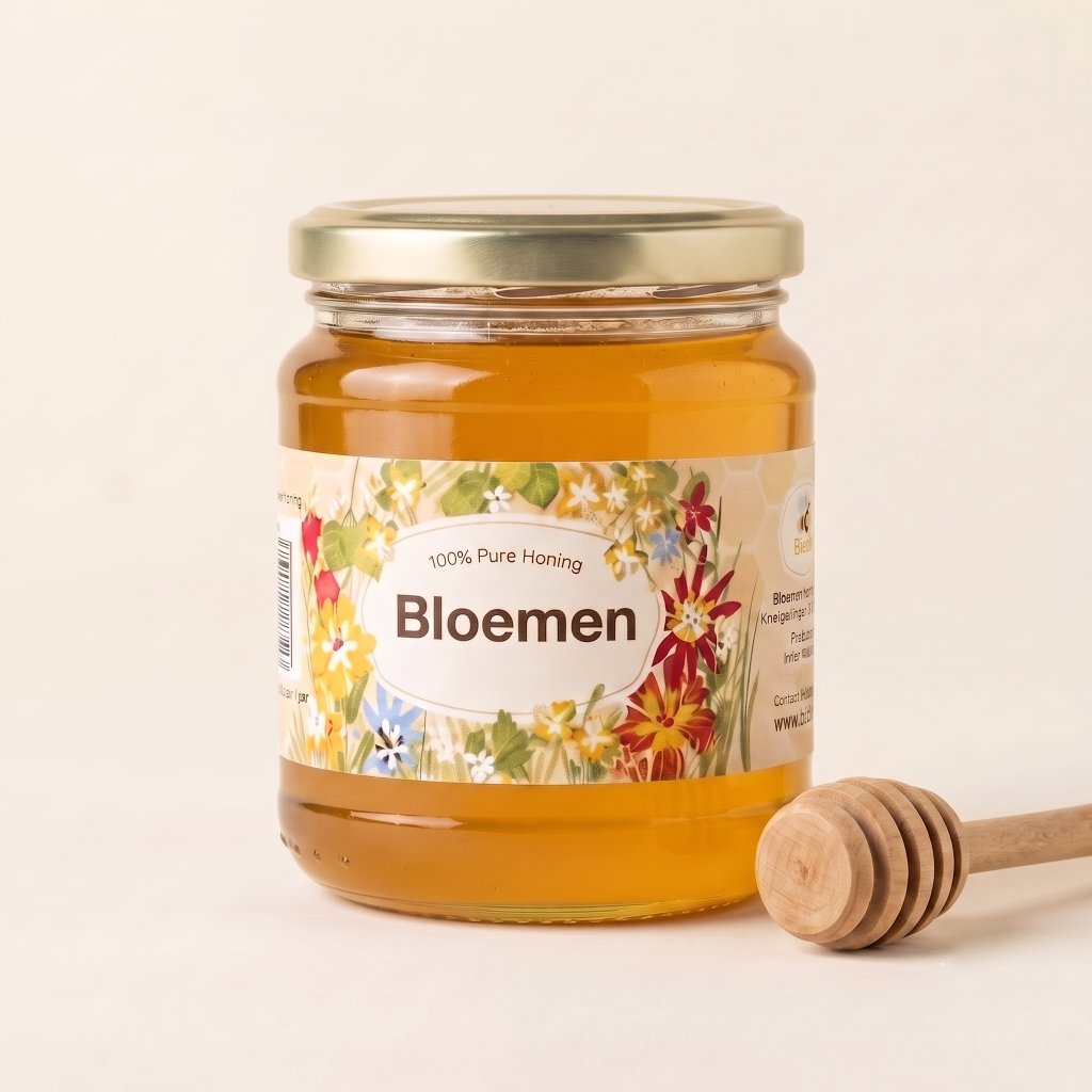 A glass jar of Bloemen honey with a gold metal lid and a colorful floral label, shown on a light beige background with a wooden honey dipper beside it.