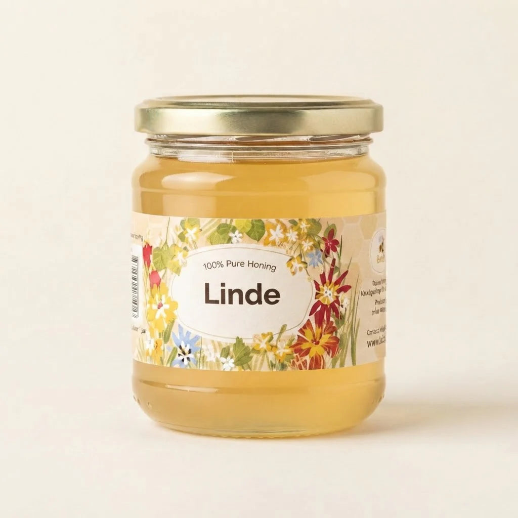 A glass jar of Linden honey with a gold metal lid and a colorful floral label, set against a plain off-white background.